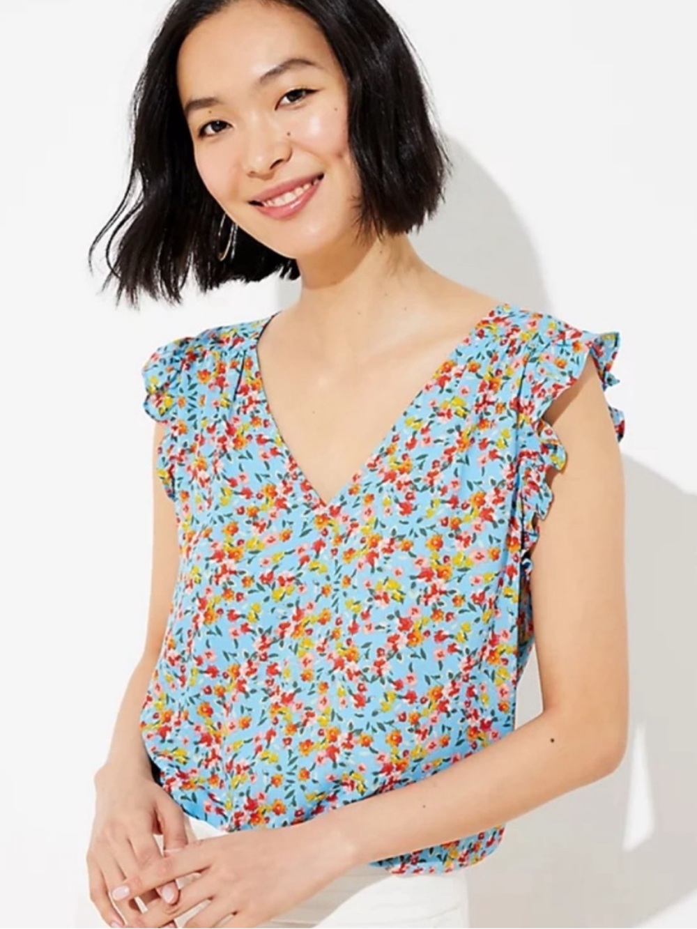 LOFT Floral Flutter Sleeve Blouse Top Small Blue Cottagecore